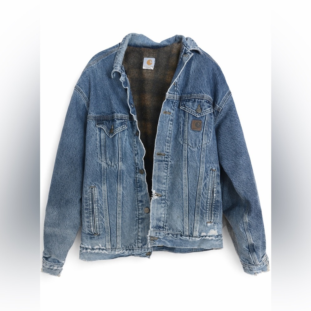Carhartt Denim Jacket Blanket Lined USA Made Union Large Tall Distressed Vintage